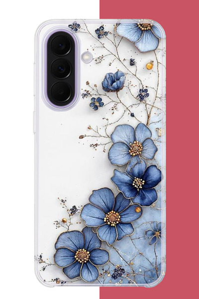 Samsung Galaxy A37 Uyumlu mavi çiçek UV Baskılı Silikon Kılıf
