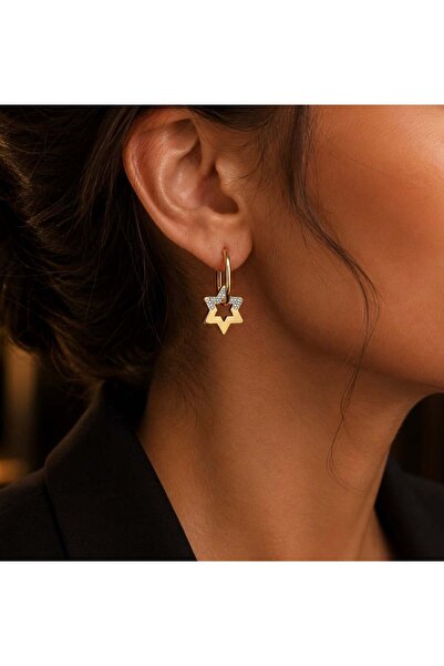 angelloop Dangle Hoop Earrings - Star Earrings with Zircon Stones-Stainless S...