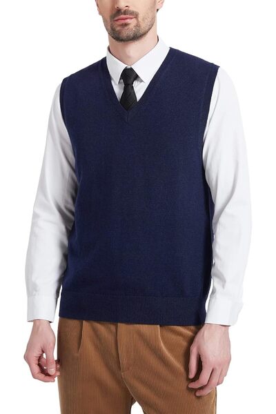 Kallspin Men's Wool Blend Knitted Gilets Sweater Relax Fit V Neck Vest Sleeve...