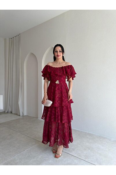 Mooi Butik JODIE Düşük Omuzlu Elbise 8970 - Bordo