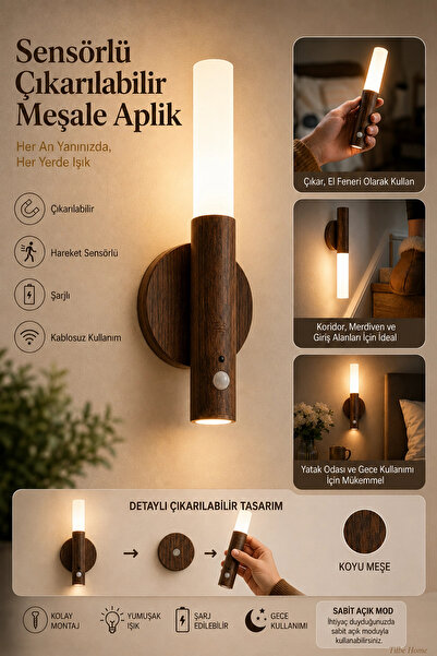 Tilbe Home Sensörlü Çıkarılabilir Meşale Aplik USB Şarjlı LED Duvar Lambası O...