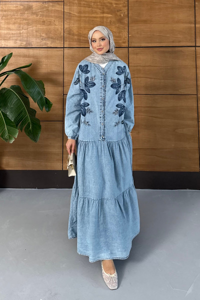 Miss Allos Women's Beaded Embroidery Half Button Denim Dress