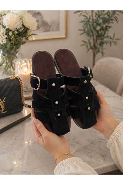 FEMME FATALE Gold Buckle Accessory-Detail Suede Comfortable Sole Slippers