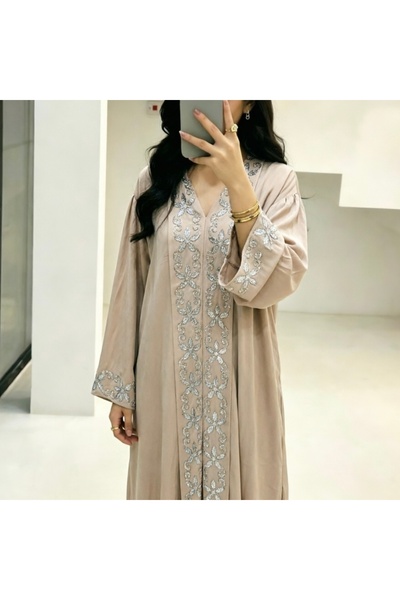 Bleco Luxury Satin Heavy Beaded Embroidery Abaya Dress, Elegant Loose Dubai Robe