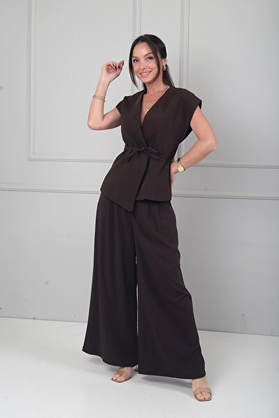 By Saygı Women's V-Neck Lined Vest High Waist Front Pleated Detailed Wide Leg...