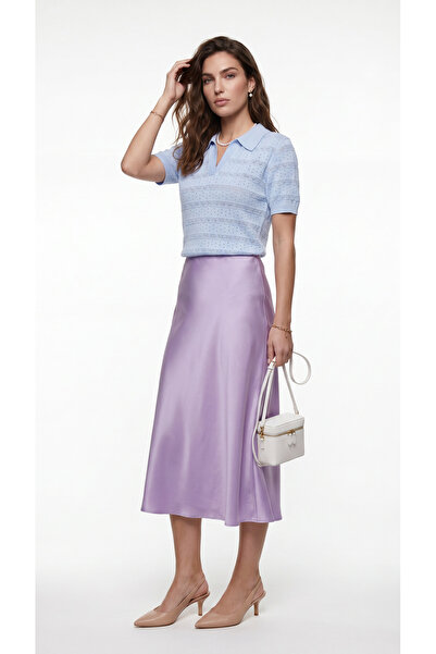 Clothbe Kadın Mavi Kısa Kollu Polo Yaka Ajurlu Triko Bluz Yazlık Örgü Üst