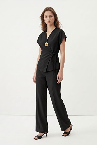 Rays Black Floral Brooch Tie-Up Vest Trouser Suit 5705