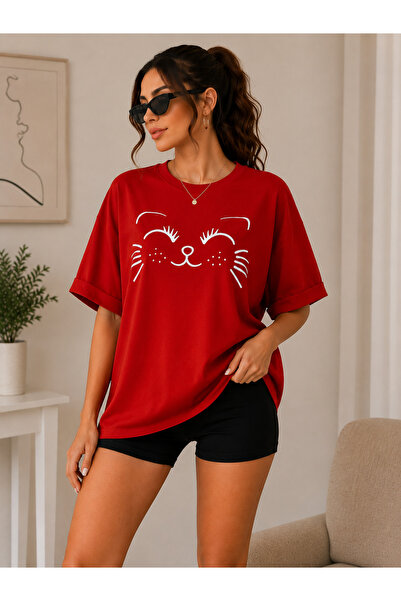 Badiva Kadın Kedi Baskılı Oversize Tişört Salaş Kalıp Pamuklu Bisiklet Yaka T-shirt