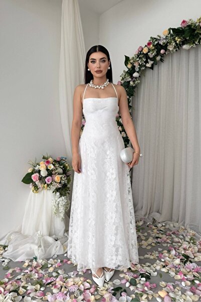 Caddebostan Moda Backless Lace-Up Evening Dress with Lace Detail