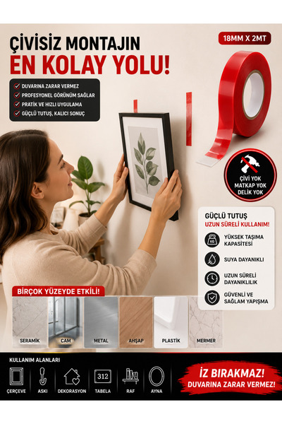 DEXPA Çift Taraflı Bant 18 mm x 2 Metre Güçlü Şeffaf Çivisiz Montaj Bandı