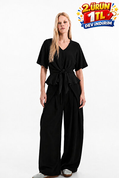 DAMGA JEANS Women's Premium Comfort Tie-Back Stylish Black Blouse