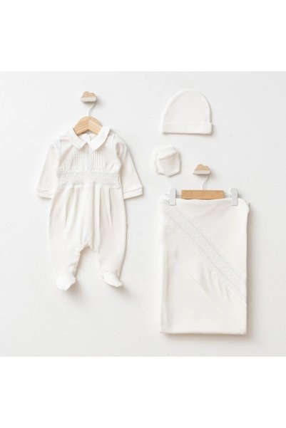 lisaloom baby & kids Nervür Gipeli 4-Piece Newborn Hospital Discharge Set 0-3 Months – Jumpsuit, Hat, Gloves and Blanket Set