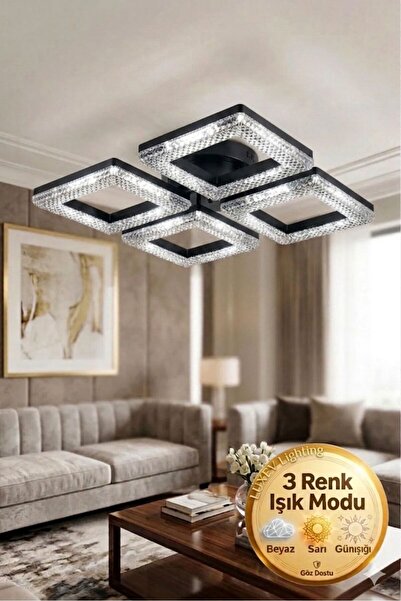 Lüxev Lighting Kare Model Siyah 4"lü Ledli 3 Renk Modu Kristal Salon Mutfak Y...