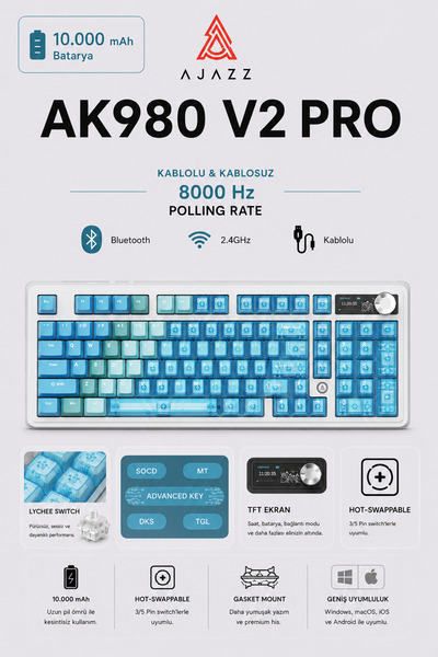 Ajazz Ak980V2 Pro 8000 Hz Kablosuz Mekanik Oyun Klavyesi-TFT Ekranlı-Rapid Tr...
