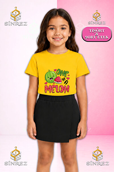 SİNREZ Set pentru fete WATERMELON ONE MELON YAZILI Tricou cu mânecă scurtă im...