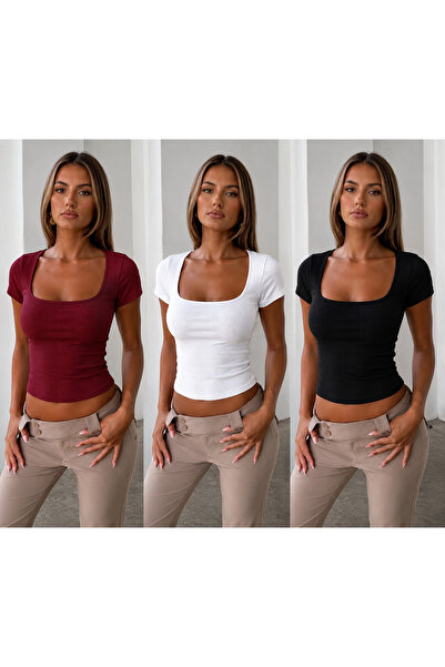 ÖZ PAMUK 3-Pack Cotton Soft Textured Ribbed Camisole Short Sleeve Square Neck...