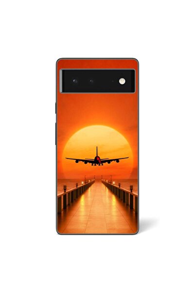 OEM Калъф, съвместим с Google Pixel 6, силиконов гел TPU, модел Самолет и залез