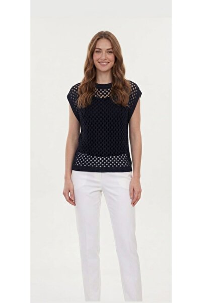 CebeTriko Women's Navy Blue Boat Neck Openwork Stylish Comfortable Knitwear B...