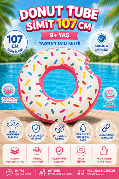cayenna Donut Desenli Şişme Deniz & Havuz Simidi 107 cm – 9+ Yaş Çocuklar İçi...