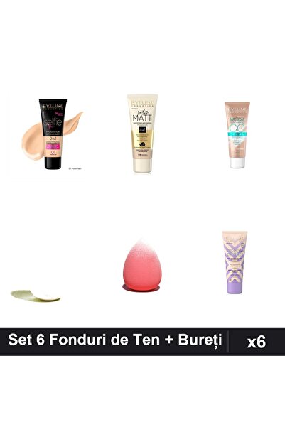 Eveline Set 6 Fonduri de Ten Cosmetics, Nuante 01-103, cu 2 Bureți Makeup