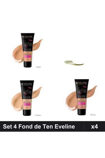 Eveline Set 4 Fonduri de Ten Selfie Time 2in1, Nuante Beige Honey, 30ml