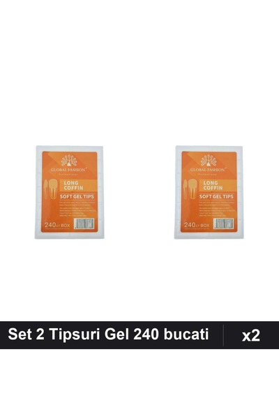 global fashion Set 2 Tipsuri Gel 240 bucati, 12 marimi, Forma Patrat Ingustat...