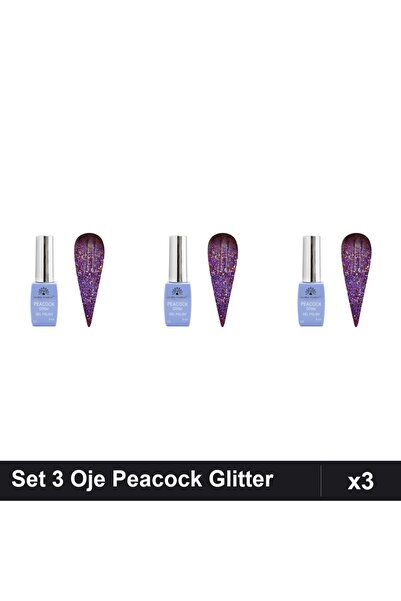 Makeup Set 3 Oje Semipermanente Peacock Glitter 8ml, Nuanță 02, Manichiură UV...