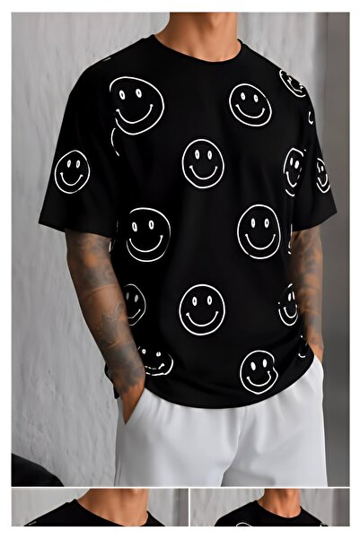 LOTS MODA Smiley Face Printed Oversize Unisex T-Shirt