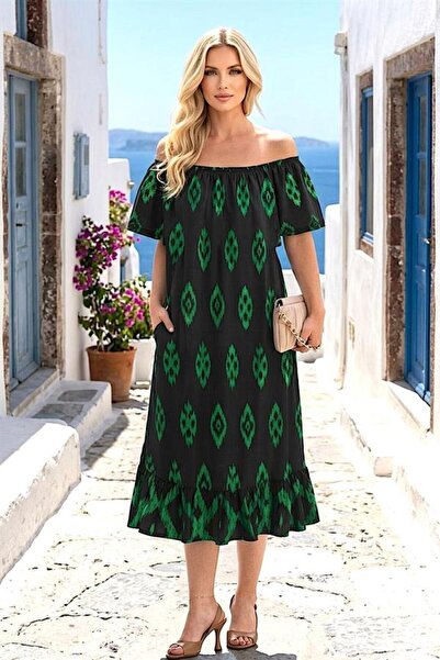 MODANI SEÇ Green Authentic Patterned Madonna Collar Dress