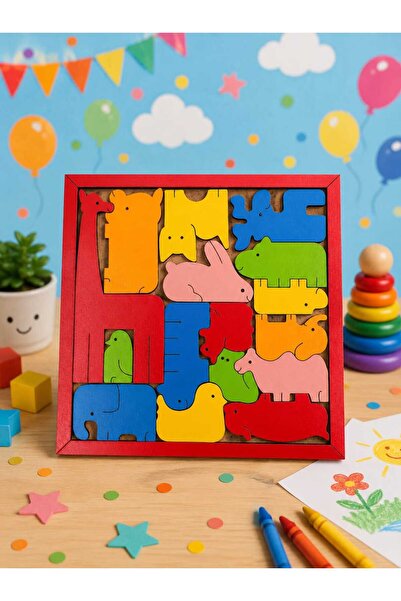 İCONS Renkli Hayvan Ahşap Puzzle Yapboz, Hayvan Görsel Yapboz.
