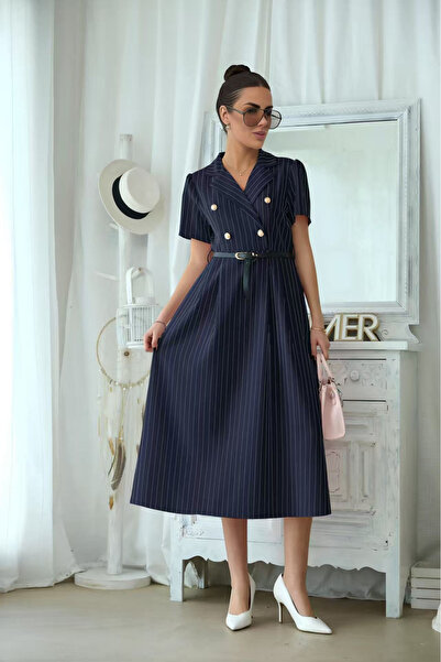OEM Rochie midi eleganta dama cu dungi fine, cordon in talie si guler tip sac...