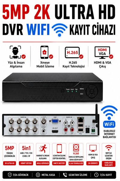 Naystek 8 Kanal 5MP 2K Ultra HD WiFi DVR Kayıt Cihazı - Yüz Tanıma - Araç & İnsan Algılama - Uzaktan İzleme - H.265+ Hybrid