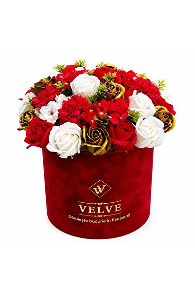 velve Aranjament floral premium in cutie de catifea rosie,cu trandafiri de sa...