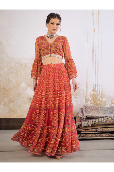 Sassafras By Styli Floral Frill Sleeves Crop Top and Anarkali Skirt Co-Ords