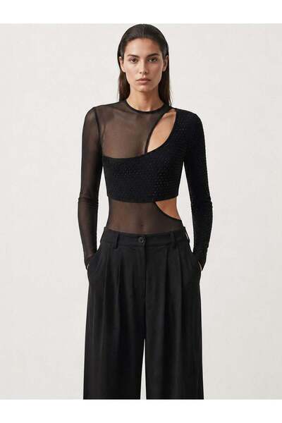 RİVUS Stone Printed Asymmetrical Tulle Layered Bodysuit - Black