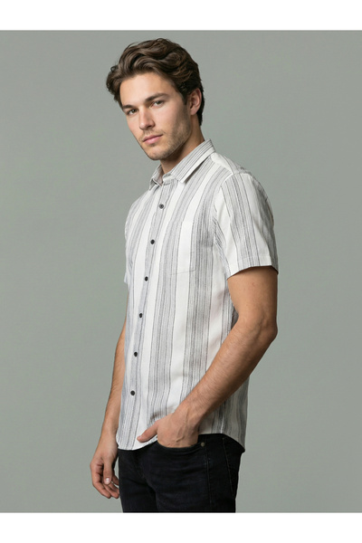 SNX By Styli Men White Striped Short Sleeve Shirt