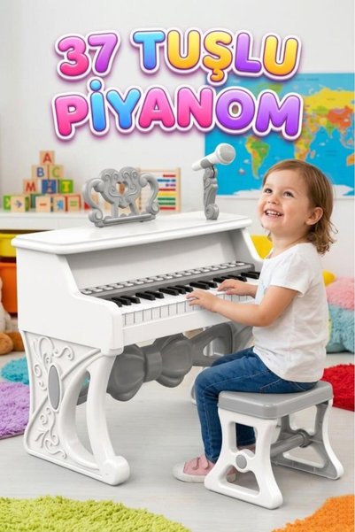 Tıfıl Toys 37 Tuşlu Sesli Müzikli Şarjlı 8 Ritimli Nota ve Mikrofon Standlı Taburelı Oyuncak Elektronik Piyano