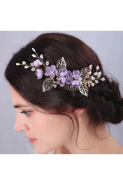 Raizel Accesoriu de par auriu, stil pieptene, cu flori mov si frunze, Bloomin...