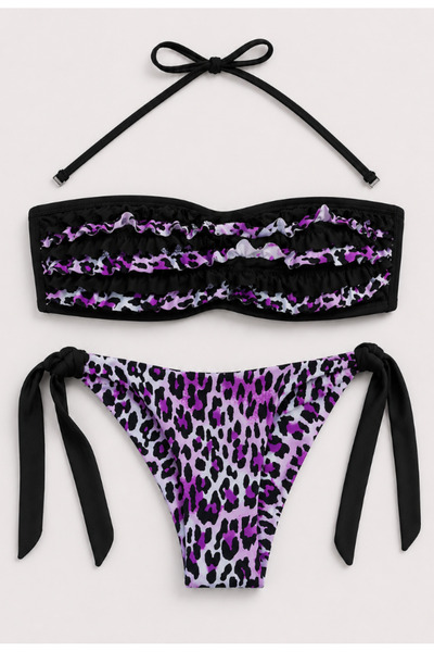Nobrand Costum de Baie Bandeau Animal Print Purple – Cu Bretea Detașabilă & S...