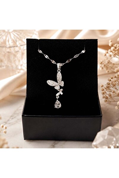 Bk Gift Women's Necklace with Butterfly Figure and Drop Stones - Elegant Stee...