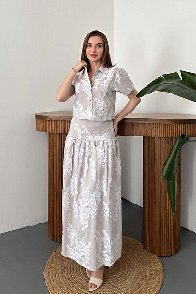 Elbee Fashion Woman Μπεζ Σετ Πουκάμισο και Φούστα με Κορσάζ