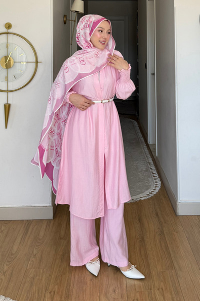 Tesettür Diyarı Loren Strawberry Fabric Drawstring Collar Shirt-Pants Hijab S...