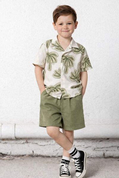 aura7 collection Boy's Palm Tree Themed Green Muslin Shorts Set