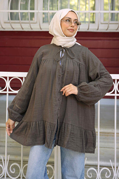 İmajButik Brown Collared Tie-Up Muslin Tunic