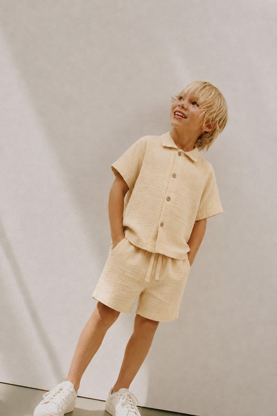 Magu Boy's Cotton Beige Muslin Shirt Shorts Set