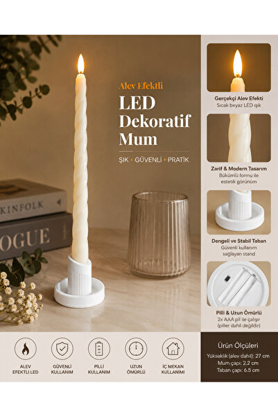 BRE HOME Standlı burgulu Alev Efektli LED Dekoratif Mum Pilli Şamdan Mum 1 adet