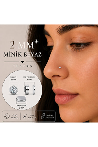 Heppii Minik Renkli Tektaş Hızma Mıknatıslı 316L Çelik 2MM Tektaş Burun Dudak...