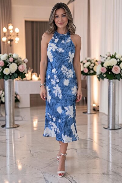 SHOPPEBUTİK Blue Floral Patterned Satin Lined Midi Dress