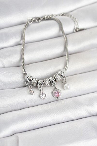 Clariss Brass Silver Color Heart Detailed Charm Women's Bracelet
