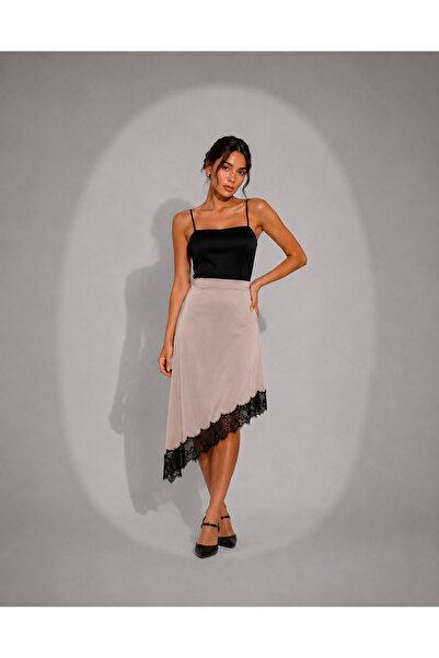 İldies store Satin Asymmetrical Lace Hem Skirt Stone